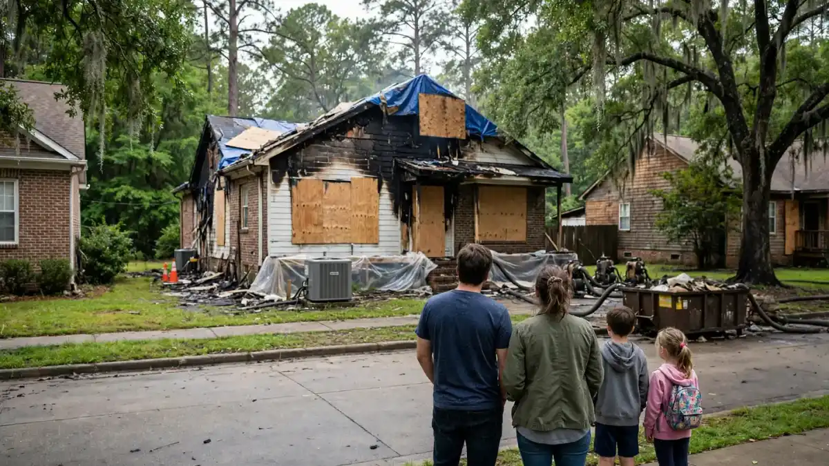 Family on a sidewalk looking at a fire-damaged house with boarded windows