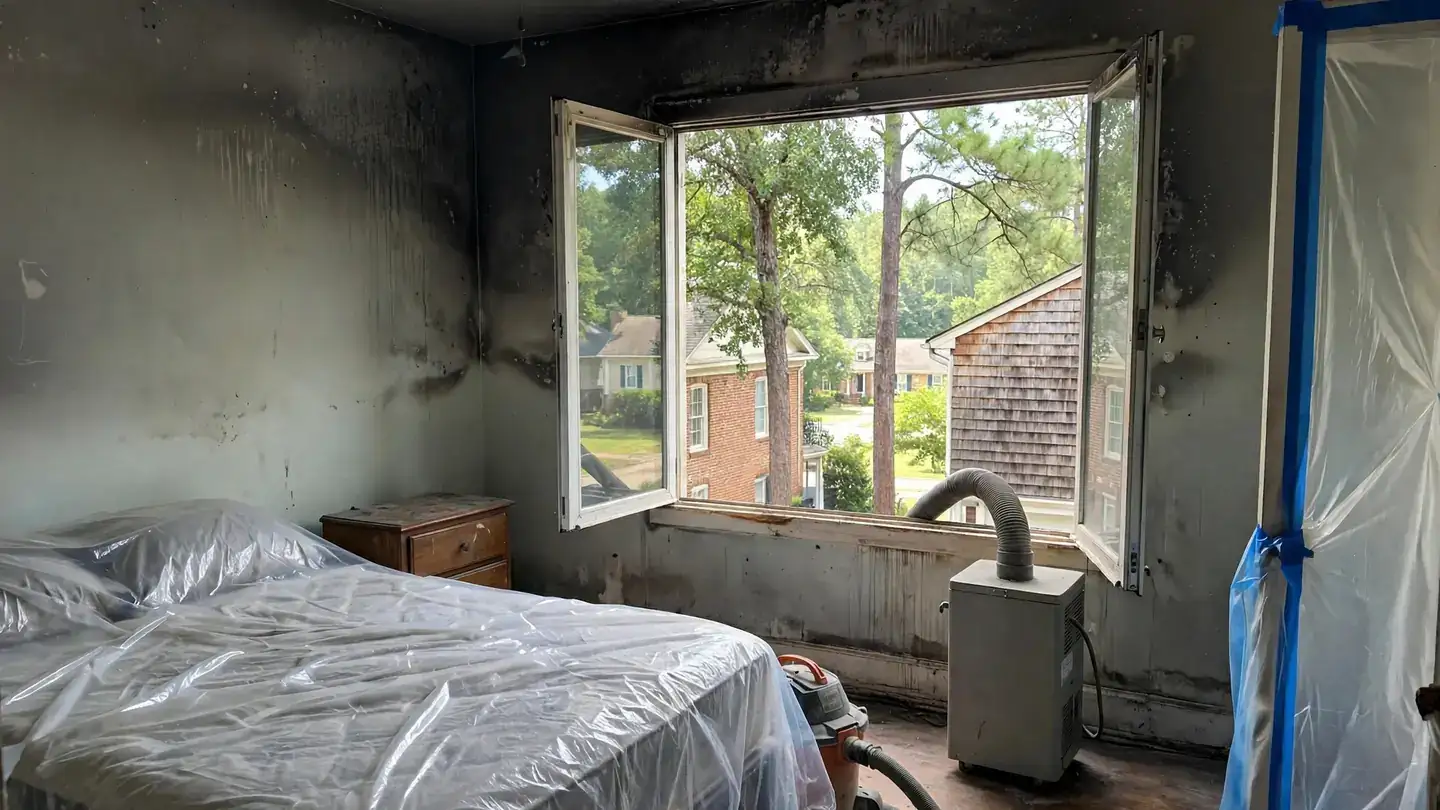 Bedroom with soot on the walls, an open window and covered furniture