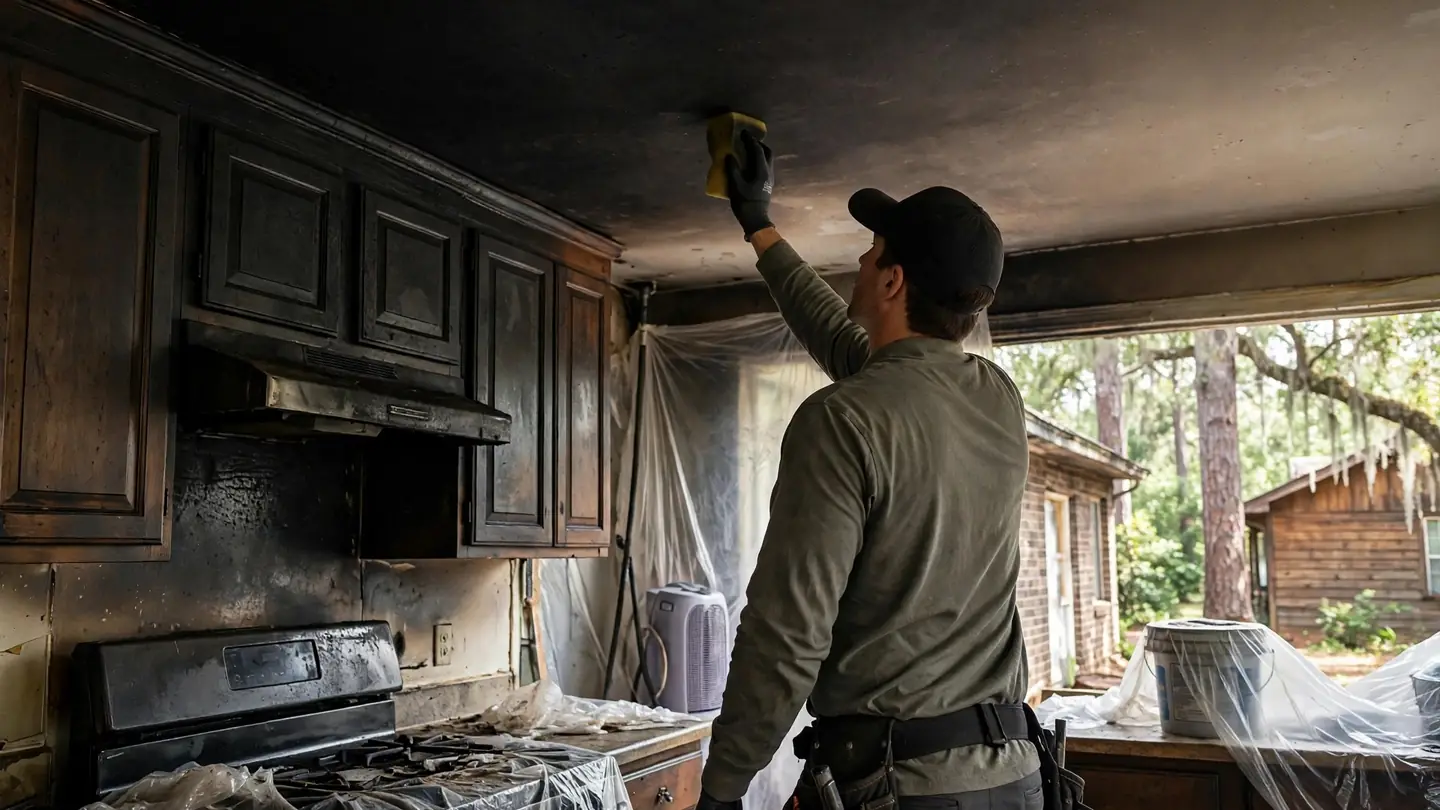 Technician wiping soot from a kitchen ceiling above dark cabinets